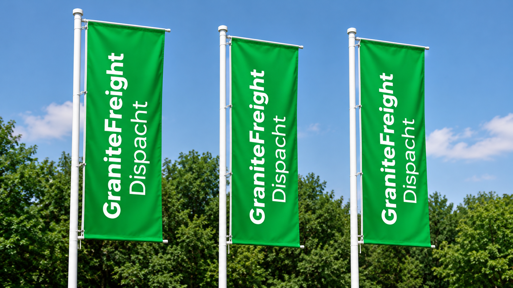 Three GraniteFreight Dispatch green flags representing the unified dispatch network