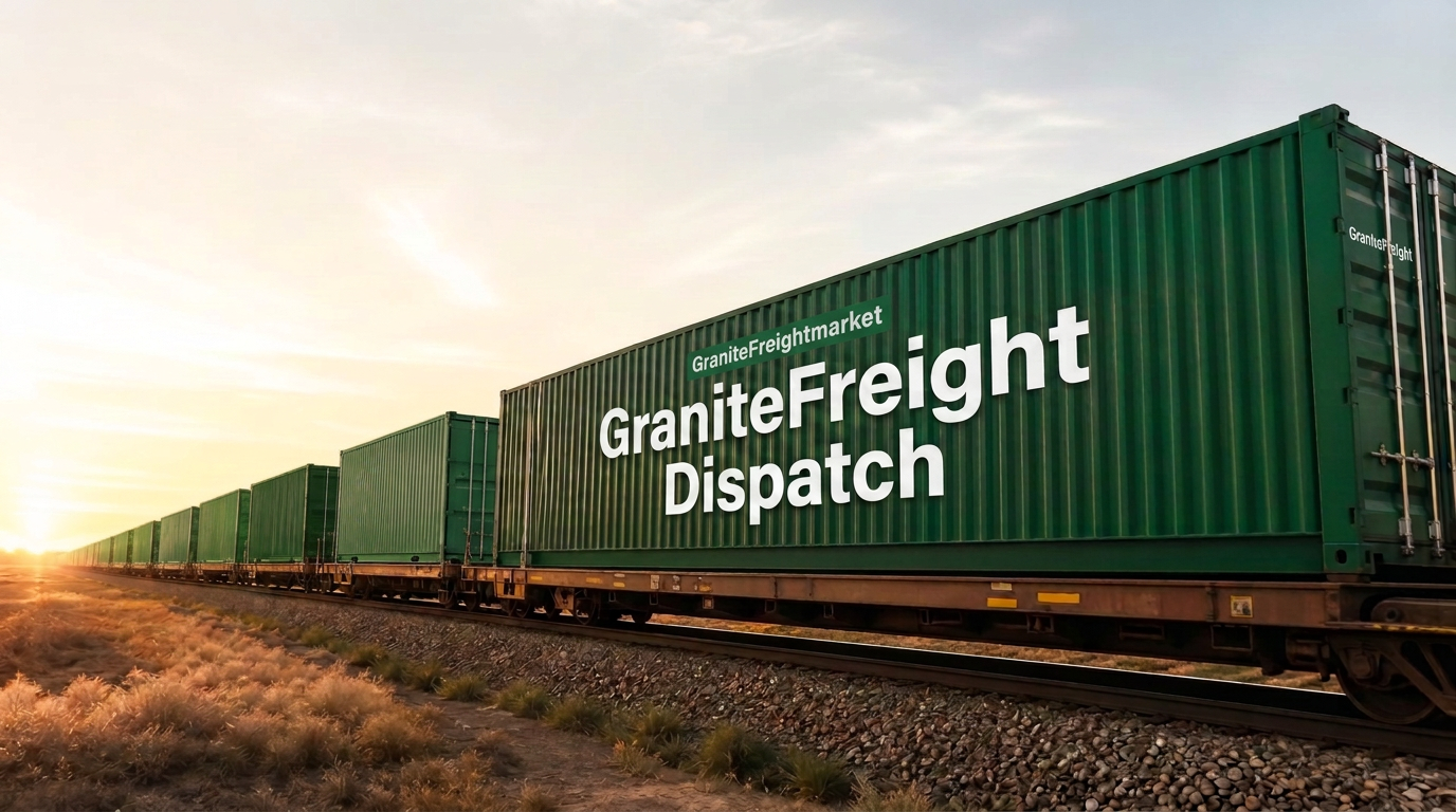GraniteFreight Dispatch green freight container train at sunrise